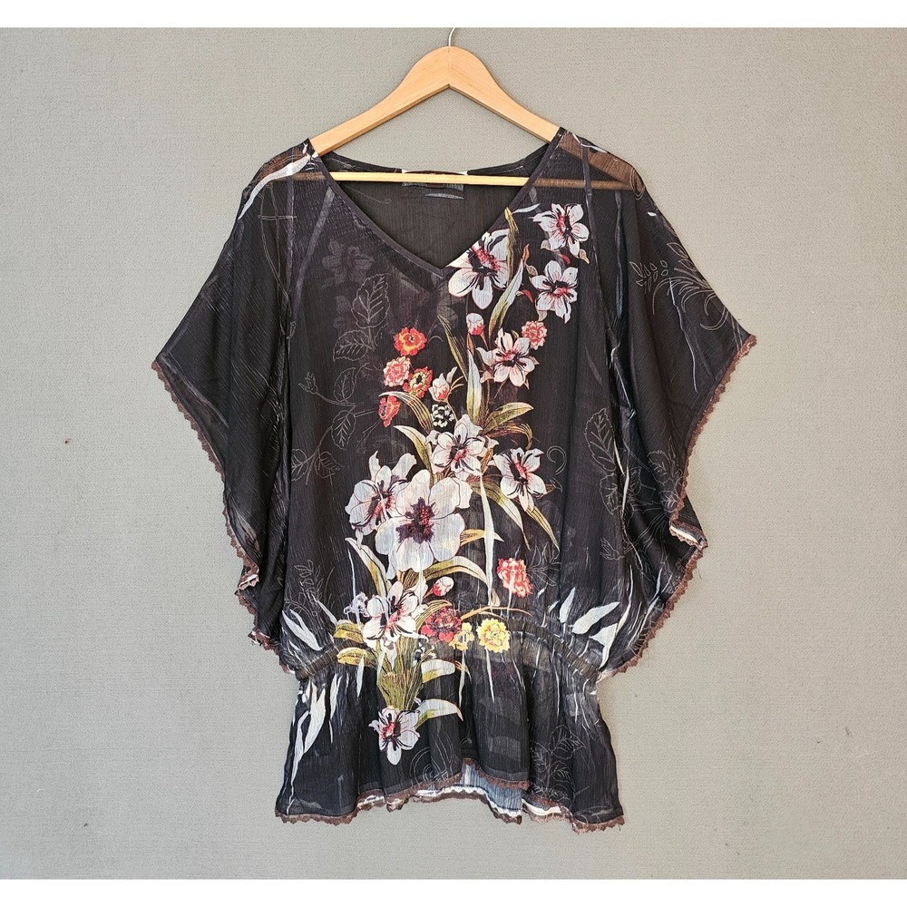 Mushka by Sienna Rose Womens L Boho Dark Floral Kimono Top Lace Trim Sheer Fairy